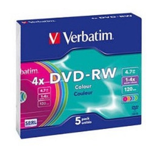 Verbatim Диск DVD-RW 4x, Colour, Slim, 5шт,(43563)