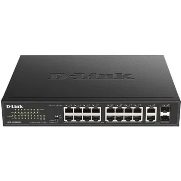 D-Link DES-1018MPV2/A1A Неуправляемый коммутатор с 16 портами 10/100Base-TX и 2 комбо-портами 100/1000Base-T/SFP (16 портов PoE 802.3af/at, PoE-бюджет 247 Вт, дальность до 250 м)