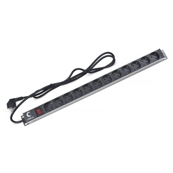 Cabeus PDU-12P-2EU Блок евророзеток для 19" шкафов, 12 розеток, 16 A, выключатель, шнур 2м, алюминиевый корпус, немецкий стандарт
