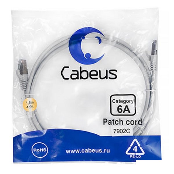 Cabeus PC-SSTP-RJ45-Cat.6a-1.5m-LSZH Патч-корд S/FTP, категория 6а (10G), 2xRJ45/8p8c, экранированный, серый, LSZH, 1.5м