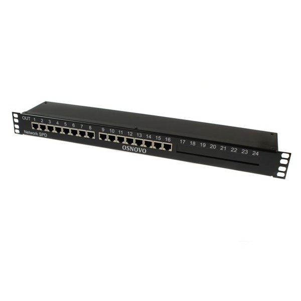 SP-IP16/1000PR 1U устройство грозозащиты для локальной вычислительной сети на 16 портов (скорость до 1000 Мб/с) с защитой линий PoE (af/at, методы A + B, контакты 1/2, 3/6, 4/5, 7/8).