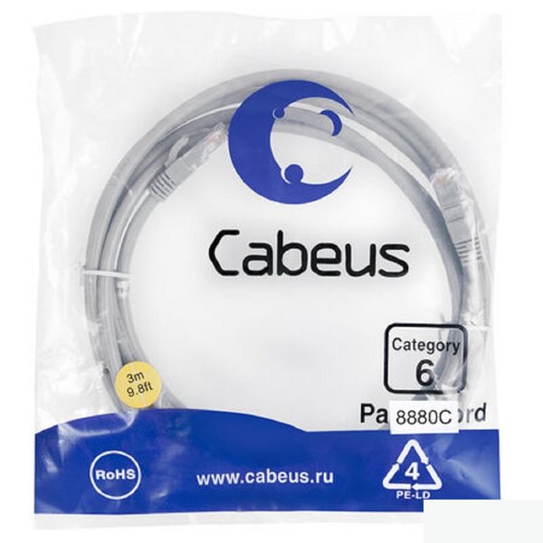 Cabeus PC-UTP-RJ45-Cat.6-3m-LSZH Патч-корд U/UTP, категория 6, 2xRJ45/8p8c, неэкранированный, серый, LSZH, 3м