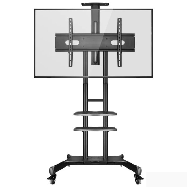 Мобильная стойка ONKRON TS1881 BLACK на 1 ТВ/ 55-80" от 200х200 до 800х500, макс нагр 90,9кг, 2 полки, высота 1050-1650мм, черный