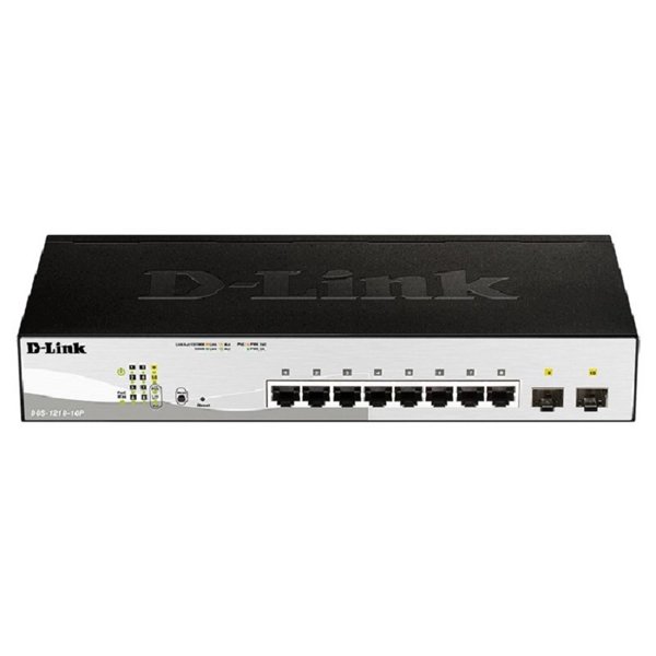 D-Link DGS-1210-10P/FL1A Управляемый L2 коммутатор с 8 портами 10/100/1000Base-T и 2 портами 1000Base-X SFP (8 портов PoE 802.3af/at, PoE бюджет 65 Вт)