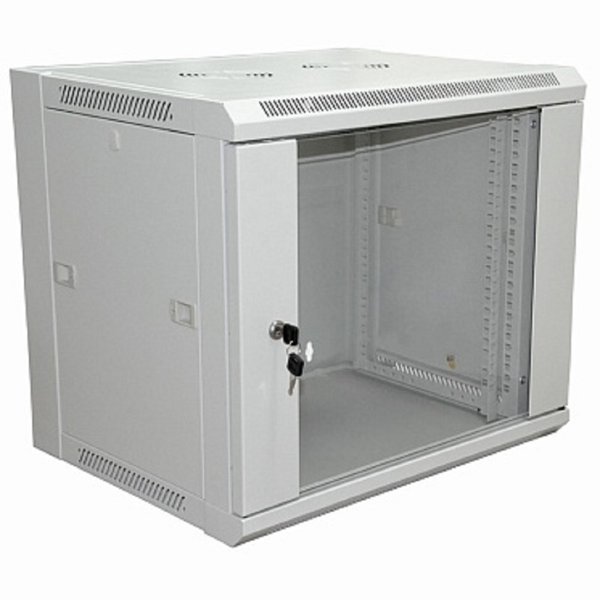 Rexant (04-2220) Шкаф настенный 19" 6U 600х600х370мм (ШхГхВ) - передняя дверь стекло, боковые стенки съемные (разобранный), RAL 7035 PRO