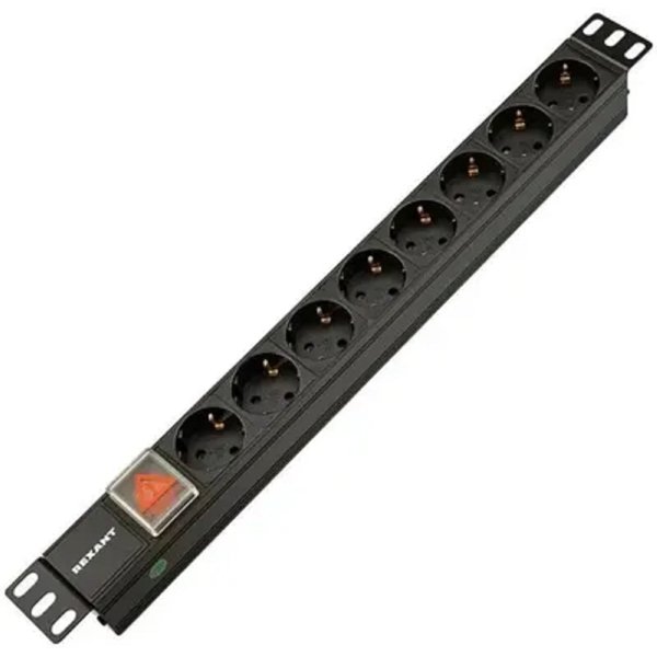 Rexant (04-0303-1) Блок распределения питания для 19" шкафов, горизонтальный, 8 розеток СЕЕ 7/4, 10A, выкл, алюм корп, гнездо C14