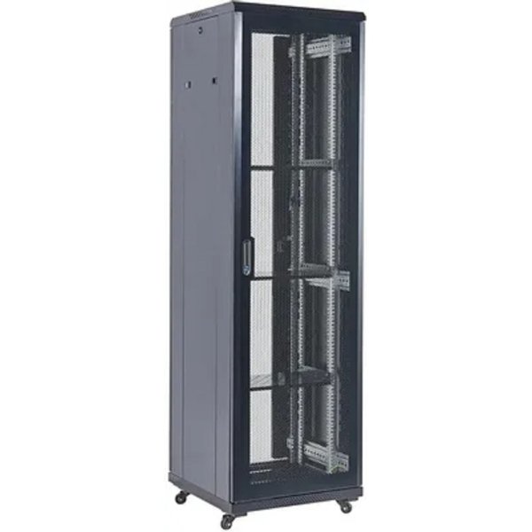 Rexant (04-4266-232) Шкаф телекоммуникационный напольный 42U 600х800мм пер.дв.перфор. металл 2 бок.пан. направл.под винты 800кг черный 230град. IP20 сталь