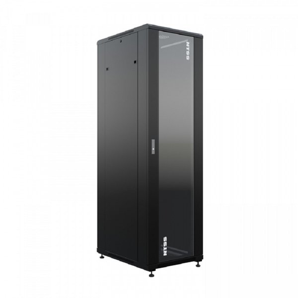 NTSS Шкаф напольный универсальный серверный NTSS R 18U 600х800мм, 4 профиля 19, двери стекло и сплошная металл, боковые стенки съемные, регулируемые опоры, разобранный, черный RAL 9005 NTSS-R18U6080GS