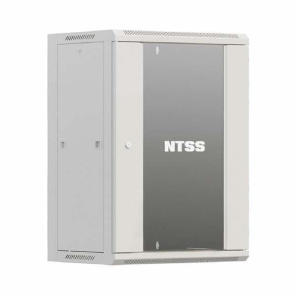NTSS Шкаф настенный телекоммуникационный NTSS W 15U 600х600х770мм, 2 профиля 19, дверь стеклянная, боковые стенки съемные, задняя стенка, разобранный, серый RAL 7035 NTSS-W15U6060GS