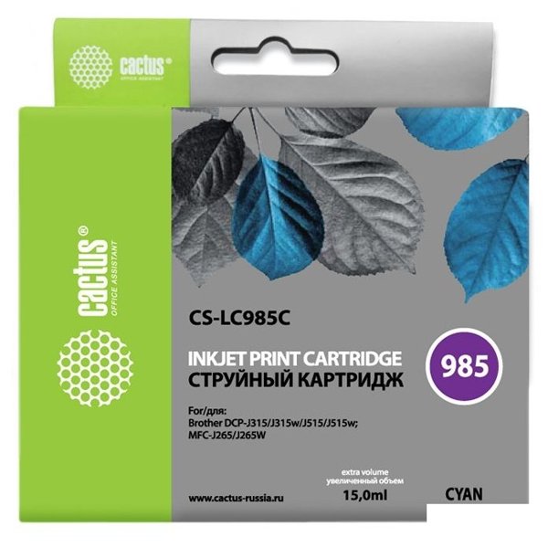 Картридж струйный Cactus CS-LC985C голубой (15мл) для Brother DCPJ315W/DCPJ515W/MFCJ265W