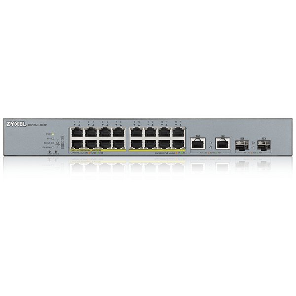 ZYXEL GS1350-18HP-EU0101F L2 коммутатор PoE+ для IP-видеокамер 16xGE PoE+, 2xCombo (SFP/RJ-45), бюджет PoE 250 Вт, дальность передачи питания до 250 м, автоперезагрузка PoE-портов