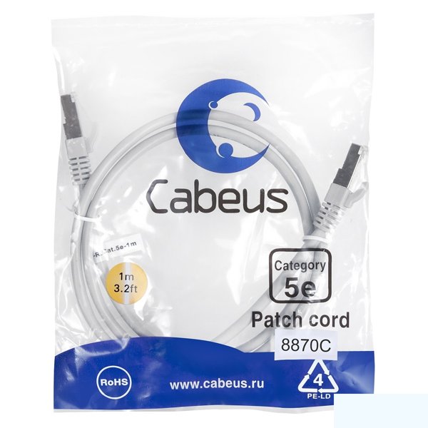 Cabeus PC-FTP-RJ45-Cat.5e-1m-LSZH Патч-корд F/UTP, категория 5е, 2xRJ45/8p8c, экранированный, серый, LSZH, 1м