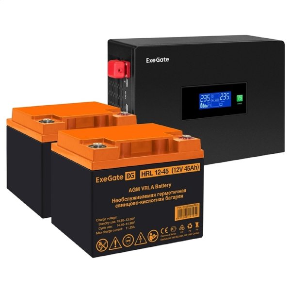 Exegate EX297432RUS Комплект ИБП EX295994RUS + батарея 45Ач EX285666RUS 2шт (инвертор, синус, для котла, PF=1, настенный) ExeGate IdealSine SR-1500.LCD.2SH <1500VA/1500W, чистая синусоида, цветной LCD