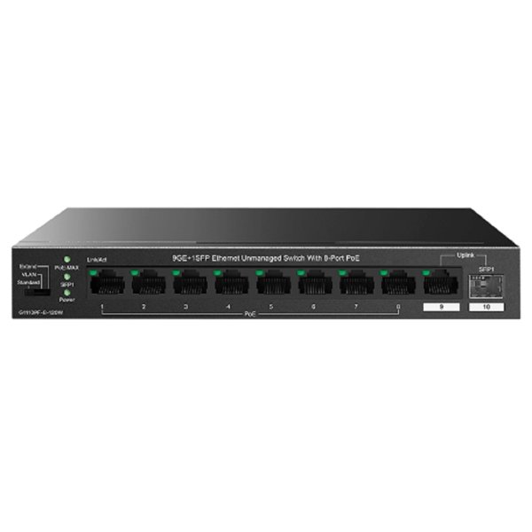 IP-COM G1110PF-8-120W Коммутатор неуправляемый PoE, 10 портов, 9x1 Гбит/с, SFP 1х1 Гбит/с, PoE 8х30 Вт (до 102 Вт), настольный