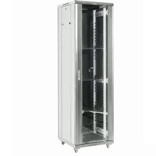 Rexant (04-2766-211) Шкаф телекоммуникационный напольный 19" 27U 600х600х1387мм, дверь стекло, задняя дверь металл, разборный, серый (RAL 7035