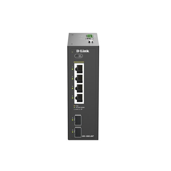 D-Link DIS-100G-06P/A1A Промышленный коммутатор с 4 портами 10/100/1000Base-T и 2 портами 1000Base-X SFP (4 порта PoE 802.3af/at, PoE-бюджет 120 Вт)