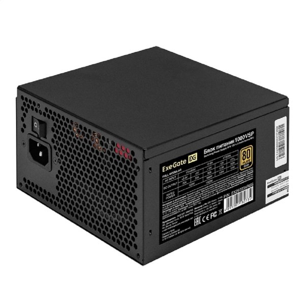 Exegate EX297234RUS Блок питания 1000W ExeGate 80 PLUS® GOLD 1000VSP FC (ATX3.0, APFC, КПД 90% (80 PLUS GOLD), 120mm fan, 24pin, 2x(4+4)pin, PCIE5.0/12VHPWR, 4xPCI-E, 6xSATA, 3xIDE, 1xFDD, Full Cable