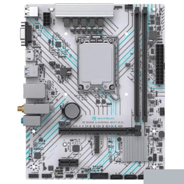 MAXSUN MS-B760M GAMING WIFI ICE (Socket 1700, mATX, 2*DDR4(64Gb), VGA/HDMI, 3*SATA3, 1*M.2, 1*PCIEx16/1*PCIEx1, 2*USB2.0, 4*USB 3.2, LAN 1*1G, Bluetooth, Wi-Fi 802.11ac, ARGB, white, RTL)