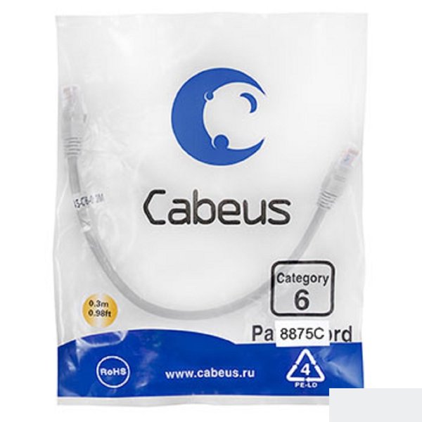 Cabeus PC-UTP-RJ45-Cat.6-0.3m-LSZH Патч-корд U/UTP, категория 6, 2xRJ45/8p8c, неэкранированный, серый, LSZH, 0.3м