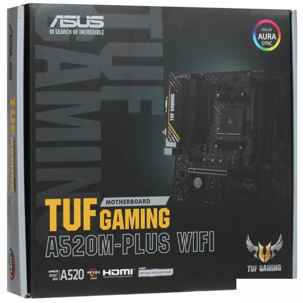 ASUS TUF GAMING A520M-PLUS WIFI (Socket AM4, mATX, 2xDDR4(128GB),  DP/VGA/HDMI, 1xPCIe 3.0x16/2xPCIe x1, 1xLAN, 4xSATA 6Gb/s, 1xM.2, BT, Wi-Fi ac, 4xUSB 3.2, 2xUSB 2.0, 1xPS/2)