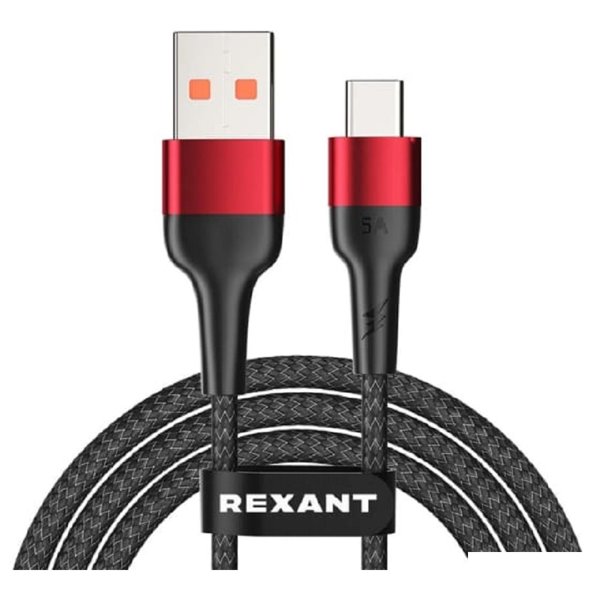 Rexant (18-7066) Кабель USB-A – Type-C, 5А, 50Вт, 1м, в черной нейлоновой оплетке