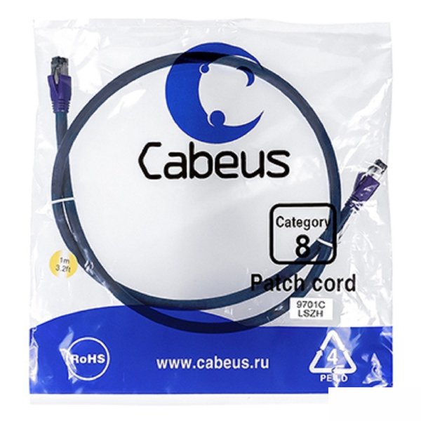 Cabeus PC-SSTP-RJ45-Cat.8-1m-LSZH Патч-корд S/FTP, категория 8 (40G, 2000 MHz), 2xRJ45/8p8c, экранированный, синий, LSZH, 1 м