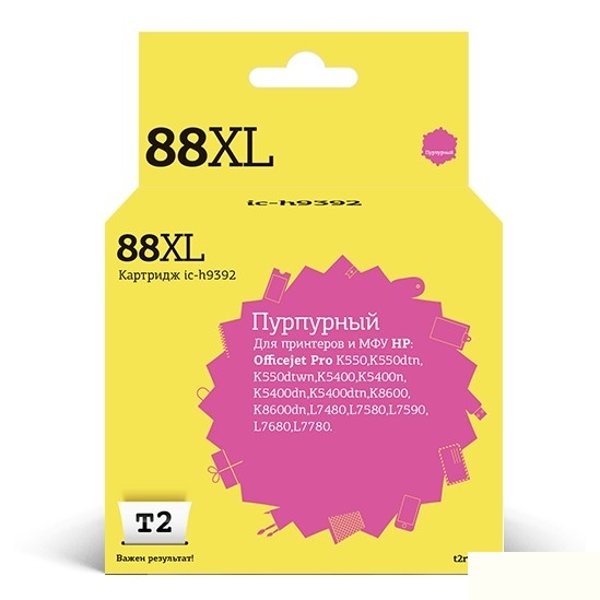 T2 C9392AE Картридж (IC-H9392) №88XL для HP OfficeJet Pro K550/K5400/K8600/L7480/L7580/L7680/L7780, пурпурный, 1700 стр.