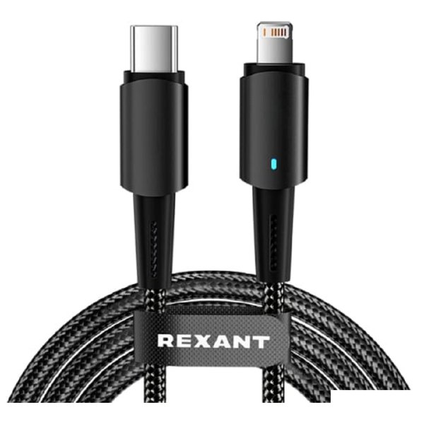 Rexant (18-7069) Кабель Type-C – Lightning для Apple, 3А, 1м, в черной нейлоновой оплетке, со световой индикацией