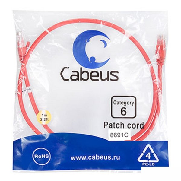 Cabeus PC-UTP-RJ45-Cat.6-1m-RD Патч-корд U/UTP, категория 6, 2xRJ45/8p8c, неэкранированный, красный, PVC, 1м