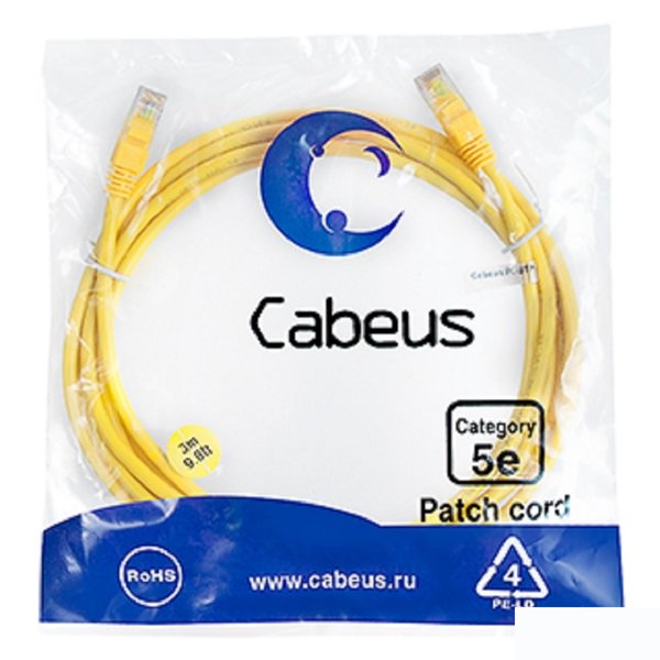 Cabeus PC-UTP-RJ45-Cat.5e-3m-YL Патч-корд U/UTP, категория 5е, 2xRJ45/8p8c, неэкранированный, желтый, PVC, 3м