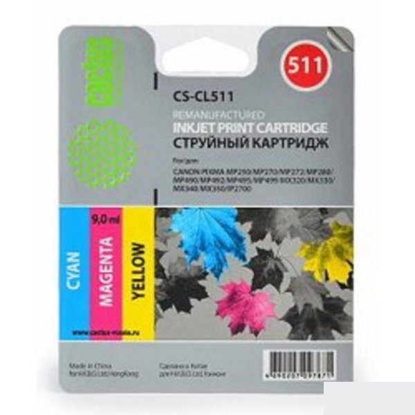 Cactus CL-511 Картридж CACTUS  CS-CL511 для Canon PIXMA MP240/ MP250/MP260/ MP270/ MP480/ MP490/ MP492/MX320/ MX330, трехцветный, 9 мл