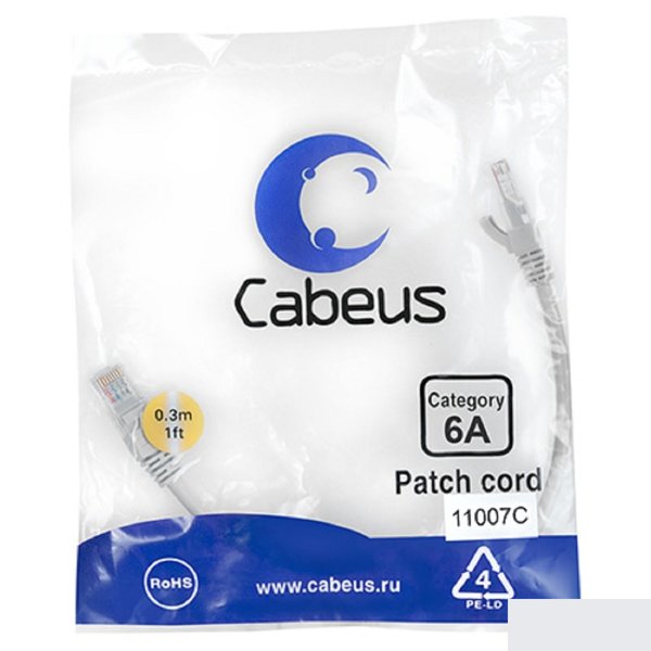Cabeus PC-SSTP-RJ45-Cat.6a-0.3m-LSZH Патч-корд S/FTP, категория 6а (10G), 2xRJ45/8p8c, экранированный, серый, LSZH, 0.3м