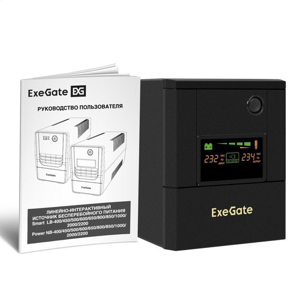 Exegate EX299786RUS ИБП ExeGate Smart LB-2200.LCD.AVR.4SH (2200VA/1300W, цветной LCD, AVR, 4*Schuko, батарея 12V 9Ah - 2 шт., металлический корпус, Black)