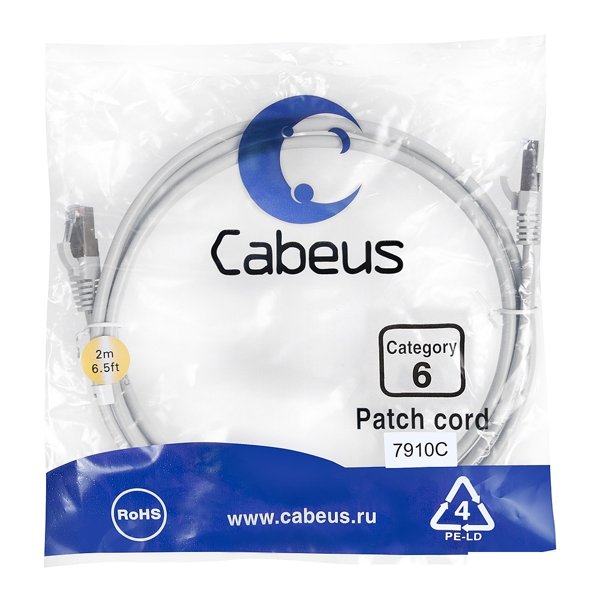 Cabeus PC-FTP-RJ45-Cat.6-2m-LSZH Патч-корд F/UTP, категория 6, 2xRJ45/8p8c, экранированный, серый, LSZH, 2м