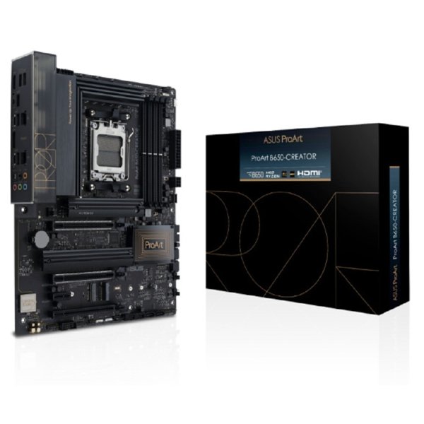 ASUS PROART B650-CREATOR (Socket AM5, ATX, 4xDDR5(128GB), HDMI, 3xPCIe 4.0x16/1xPCIe 4.0, 1xLAN+1xLAN (2.5GbE), 4xSATA 6Gb/s, 3xM.2, 1xM.2 E key, 2xType-C, 3xUSB 3.2, 2xUSB 2.0, ATX)
