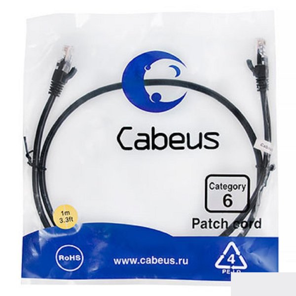 Cabeus PC-UTP-RJ45-Cat.6-1m-BK Патч-корд U/UTP, категория 6, 2xRJ45/8p8c, неэкранированный, черный, PVC, 1м
