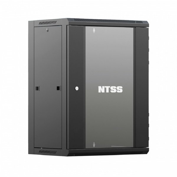 NTSS Шкаф настенный телекоммуникационный NTSS W 18U 600х600х964мм, 2 профиля 19, дверь стеклянная, боковые стенки съемные, задняя стенка, разобранный, черный RAL 9005 NTSS-W18U6060GS-BL