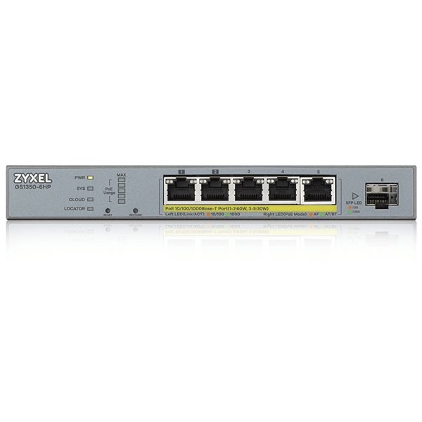 ZYXEL GS1350-6HP-EU0101F L2 коммутатор PoE+ для IP-видеокамер 4xGE PoE+, 1xGE PoE++ (802.3bt), 1xSFP, бюджет PoE 60 Вт, дальность передачи питания до 250 м, автоперезагрузка PoE-портов