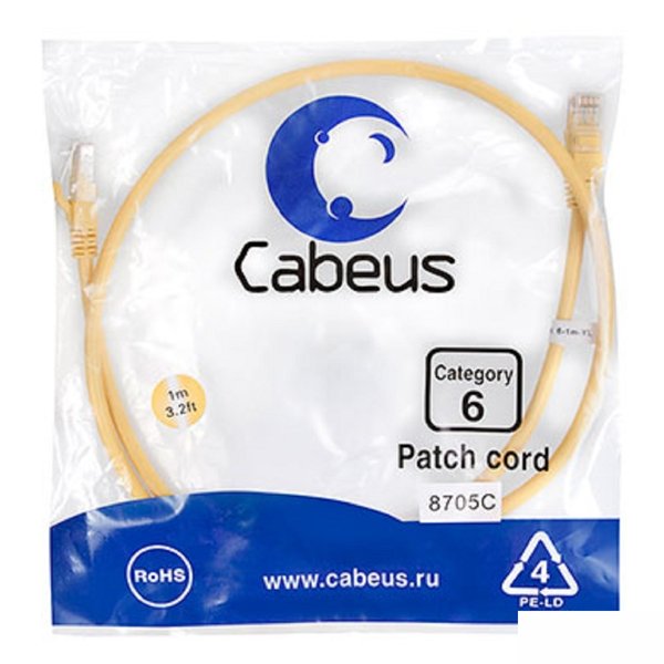 Cabeus PC-UTP-RJ45-Cat.6-1m-YL Патч-корд U/UTP, категория 6, 2xRJ45/8p8c, неэкранированный, желтый, PVC, 1м