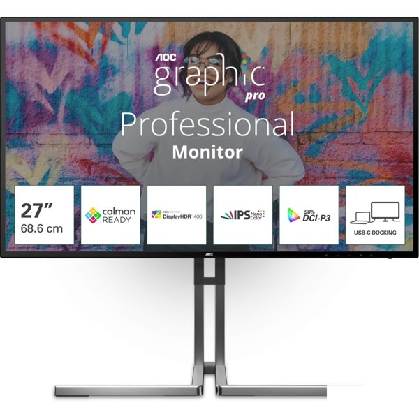 LCD AOC 27" U27U3CV {IPS 3840x2160 60Hz 178/178 HDMI2.0 DisplayPort1.2 USB USB-C RJ45 HAS Pivot VESA}