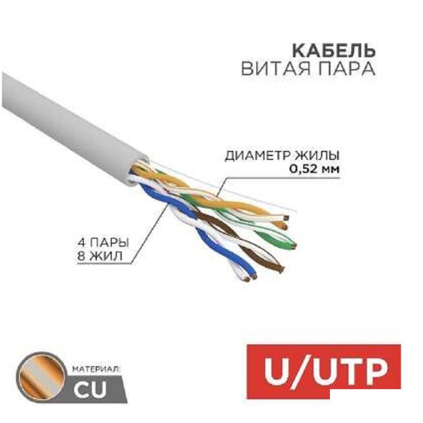 Rexant (02-0004-R) Кабель витая пара U/UTP, CAT 5е, ZH нг(А)-HF, 4x2x0,52 мм, 24AWG, INDOOR, SOLID, серый, 305м, РФ