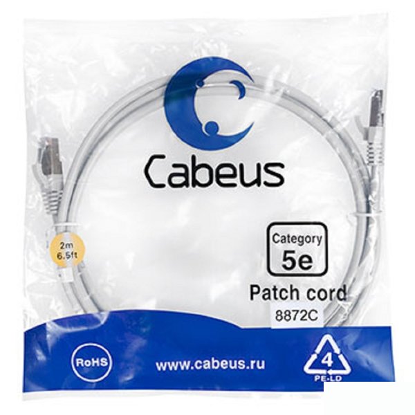 Cabeus PC-FTP-RJ45-Cat.5e-2m-LSZH Патч-корд F/UTP, категория 5е, 2xRJ45/8p8c, экранированный, серый, LSZH, 2м