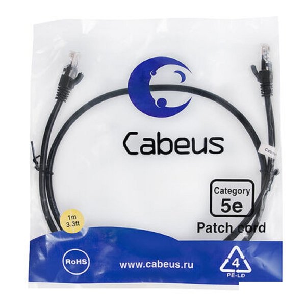 Cabeus PC-UTP-RJ45-Cat.5e-1m-BK Патч-корд U/UTP, категория 5е, 2xRJ45/8p8c, неэкранированный, черный, PVC, 1м