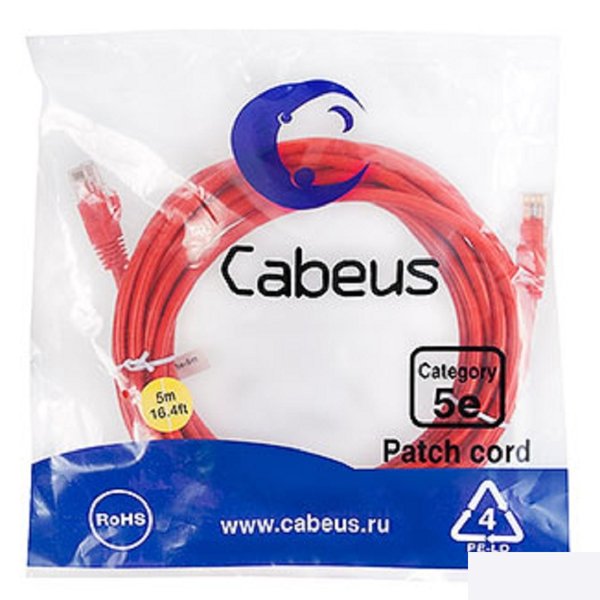 Cabeus PC-UTP-RJ45-Cat.5e-5m-RD Патч-корд U/UTP, категория 5е, 2xRJ45/8p8c, неэкранированный, красный, PVC, 5м