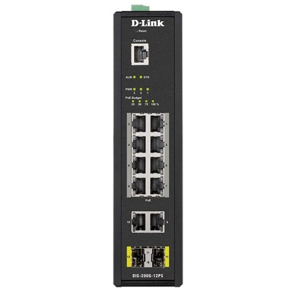 D-Link DIS-200G-12PS/A1A Промышленный управляемый коммутатор 2 уровня с 10 портами 10/100/1000Base-T и 2 портами 1000Base-X SFP (8 портов с поддержкой PoE 802.3af/802.3at (30 Вт),PoE бюджет до 240 Вт)