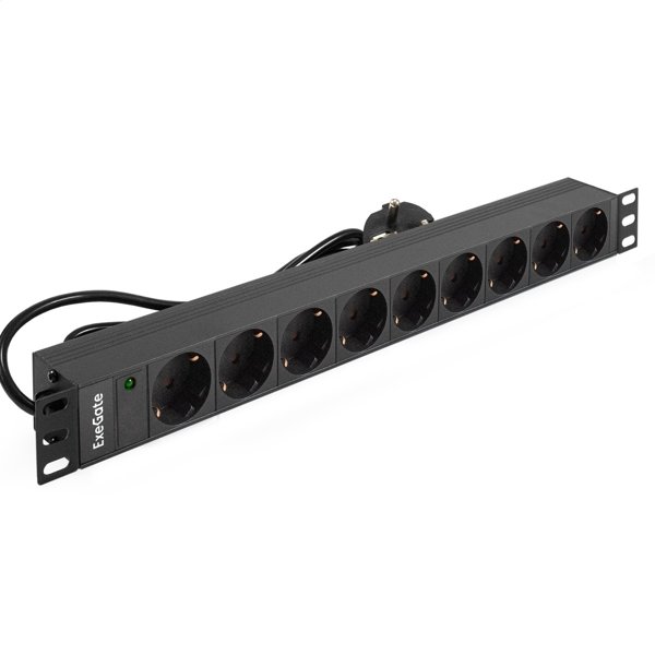 Exegate EX280848RUS Блок розеток ExeGate ServerPro PDU-19H902 Al-9S-EU1.8, 19",1U,алюм, 9Schuko, евровилка, 1.8м