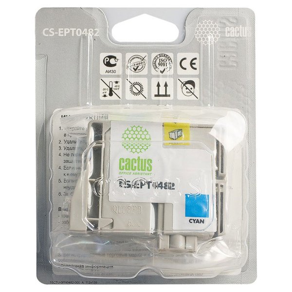 Картридж струйный Cactus CS-EPT0482 голубой для Epson Stylus Photo R200/R220/R300/R320/R340/RX500/RX