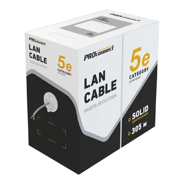 PROconnect (01-0052) Кабель витая пара U/UTP, CAT 5e, PVC, 4PR, 24AWG, INDOOR, SOLID, серый, 305м