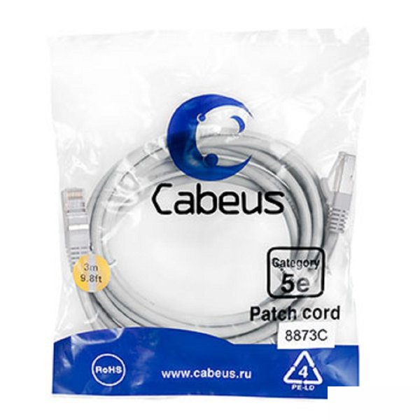 Cabeus PC-FTP-RJ45-Cat.5e-3m-LSZH Патч-корд F/UTP, категория 5е, 2xRJ45/8p8c, экранированный, серый, LSZH, 3м