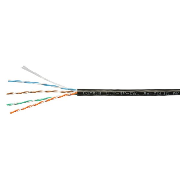 Cabeus UTP-4P-Cat.5e-SOLID-BK Кабель витая пара UTP (U/UTP), категория 5e, 4 пары (24 AWG), одножильный, PVC нг(А)-LS, черный (305 м), системная гарантия 25 лет.